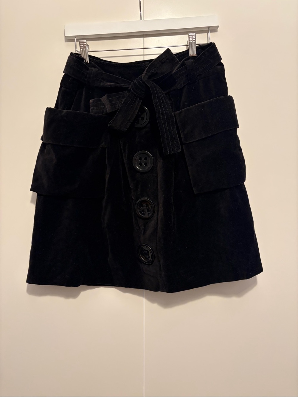 elevenses Black Velvet Button-Front Mini Skirt with Tie Waist, Big Buttons